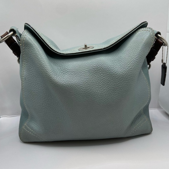 Coach Pebbled Leather Blue Hobo Shoulder Bag Turnlock - Picture 2 of 16